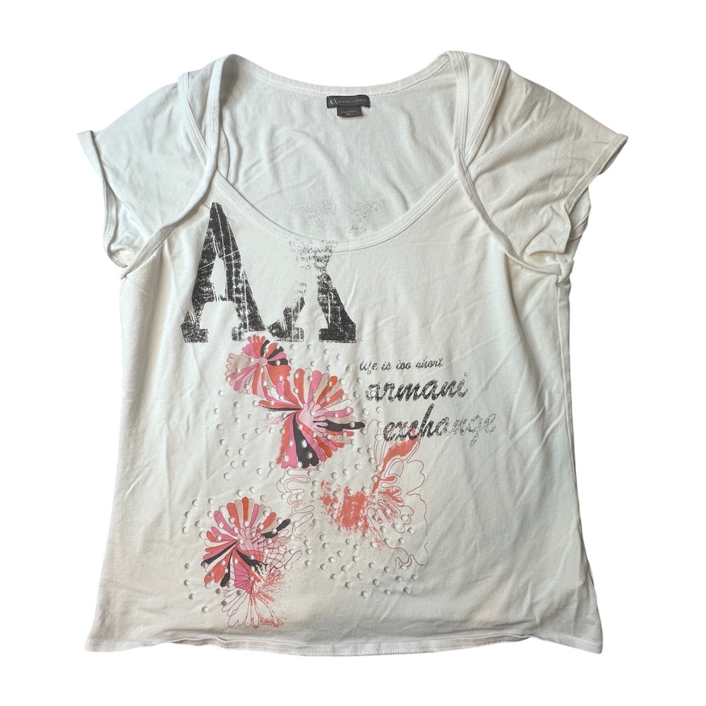 Armani Exchange T-Shirt Womens XL White Floral Logo Scoop Neck Eyelet Cotton Tee